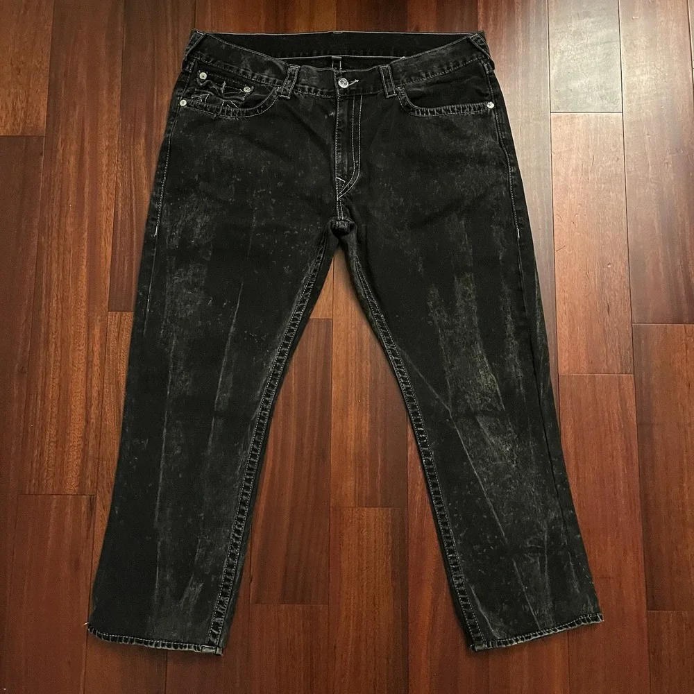 True Religion Jeans Men 40 Black Ricky Flap World Tour Straight Baggy 42x29 Y2k